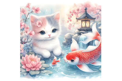 Kitty and Japanese koi fish