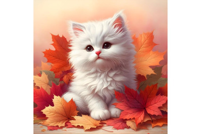 White fluffy kitten in autumn leaves