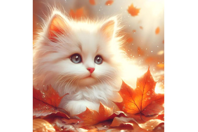 White fluffy kitten in autumn leaves