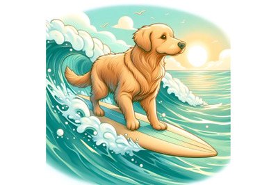 Golden Retriever surfer rides on the waves