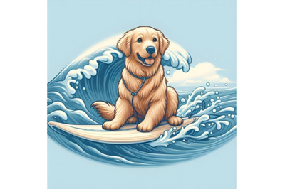 Golden Retriever surfer rides on the waves