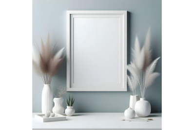 White frame and home decoration details on tabletop