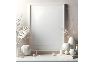 White frame and home decoration details on tabletop