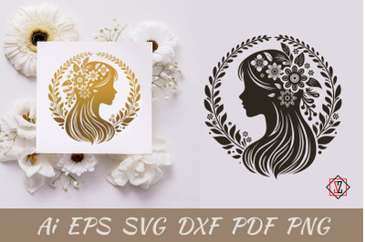 Silhouette of a girl in profile wearing a wreath. Vector