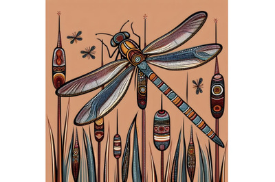 Dragonfly on cattails aboriginal art