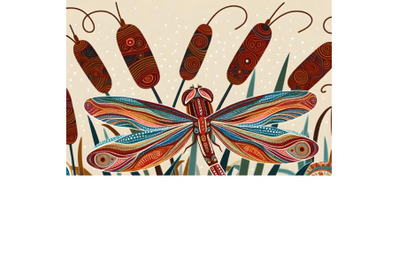 Dragonfly on cattails aboriginal art