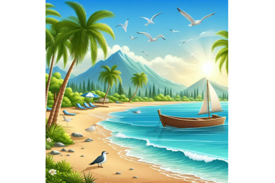 Summer beach with palm trees