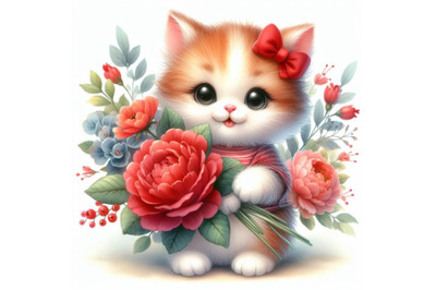 Kitty holding a bouquet of red flowers