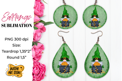 Patrick&#039;s Day Gnome Earrings Sublimation. Teardrop and Round