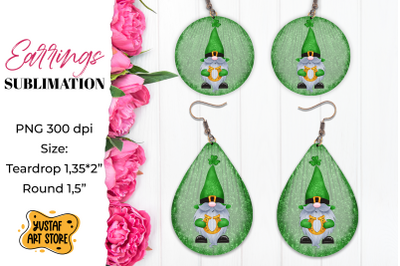 Patrick&#039;s Day Gnome Earrings Sublimation. Teardrop and Round