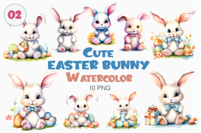 Cute Easter Bunny 02. Watercolor, PNG.