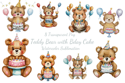 Teddy Bear with Birthday Cake Watercolor Sublimation