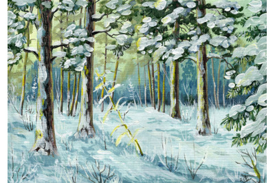 Winter landscape. Oil painting. Hand painted picture, poster.