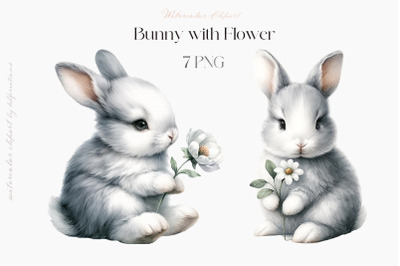 Bunny with Flower clipart, watercolor baby bunny, Easter spring png gr