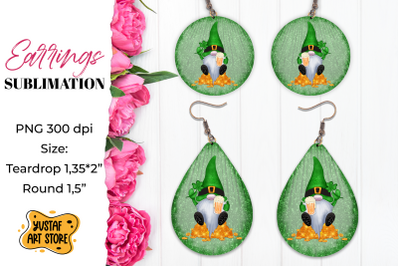 Patrick&#039;s Day Gnome Earrings Sublimation. Teardrop and Round