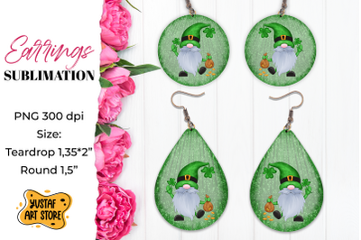 Patrick&#039;s Day Gnome Earrings Sublimation. Teardrop and Round