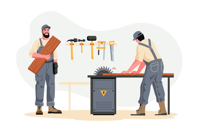 Carpenters with furniture. Vector of worker and craftsman