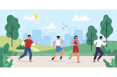 Cartoon people running race in park, summer outdoor activity concept