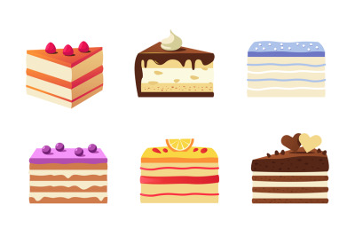 Cartoon piece of cake. Vector pastry pieces set