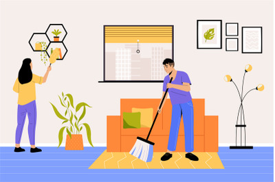 Man and woman doing household chores, domestic activities