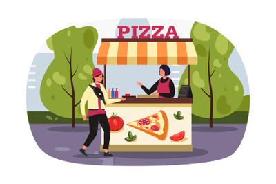 Street market. Kiosk selling pizza. Vector illustration