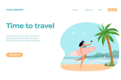 Travel concept landing web page, girl with surfboard