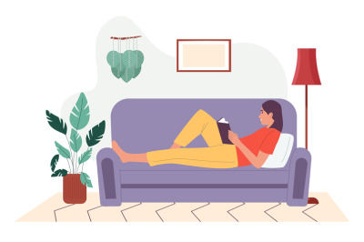 Woman reading book at home. Vector illustration