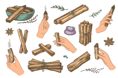Hands with palo santo sticks. Palm holding wooden fragrant sticks for