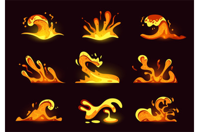 Lava splash game effect. Cartoon magma splash animation, bloody molten