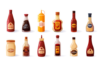 Cartoon sauces. Different ketchup mustard mayo soy sauce, sweet and sp