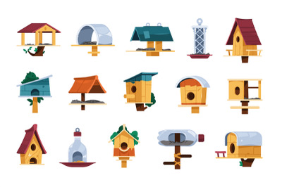 Bird feeder. Cartoon homemade wooden birdhouses, colorful DIY feaders