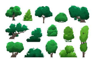 Cartoon trees and bushes. Green shrubs and deciduous trees for park la