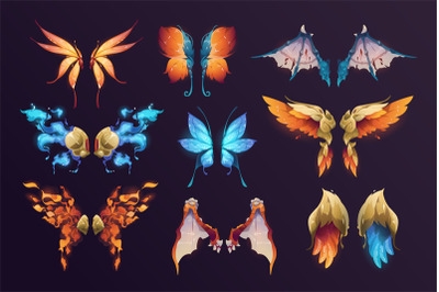 Fantasy wings. Cartoon pair of fairy bat and butterfly wings, magic an