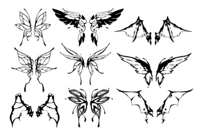 Fairy wings tattoo. Cute butterfly and butterfly wing silhouettes&2C; fan