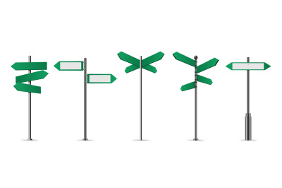 Green street signs. Directional pole with wayfinding arrows, finger po