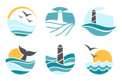 Aquatic environment logo collection. Ocean waves with whale tail in wa