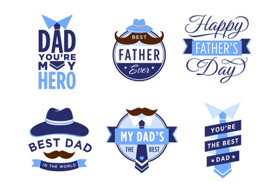 Happy Father Day label. Male badges with hat, mustache and tie, best d