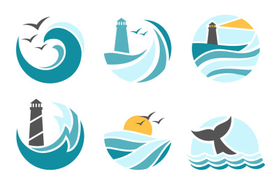 Ocean emblem, sea waves with seagulls, lighthouse icon