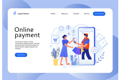 Online shopping landing page. Woman ordering products and paying in in