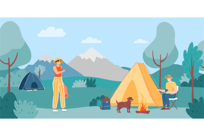 Outdoor camping. Adventure travel, hiking and nature camping. Friends