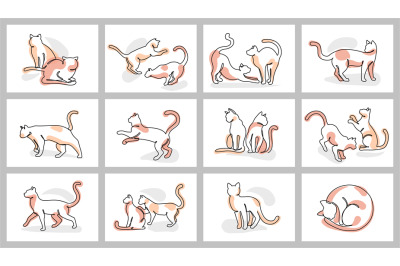 Continuous one line cat posters. Cute cats playing, grooming, stretchi