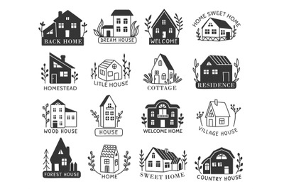 Hand drawn home emblems. Cottage, farmhouse and residence houses for h