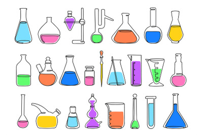 Continuous one line science lab. Chemistry laboratory equipment icons