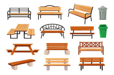Garden bench. Outdoor furniture, park benches, waste bins and picnic t