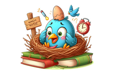 a funny cartoon bird sitting in a nest