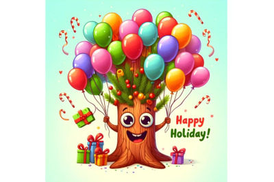 Happy holiday, funny tree with baloons,