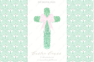 Easter Cross with bow Watercolor Clipart