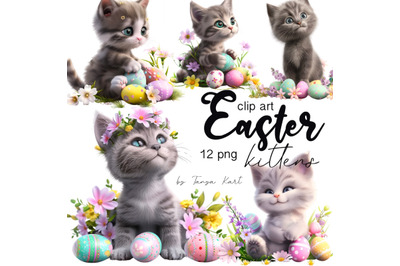 Easter Cat Clip Art PNG with Watercolor Flowers &amp; Easter Eggs