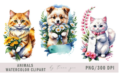 Cute dog and cat with flower bouquet clipart- 3 PNG