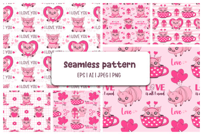 Seamless pattern with cute piglets in love